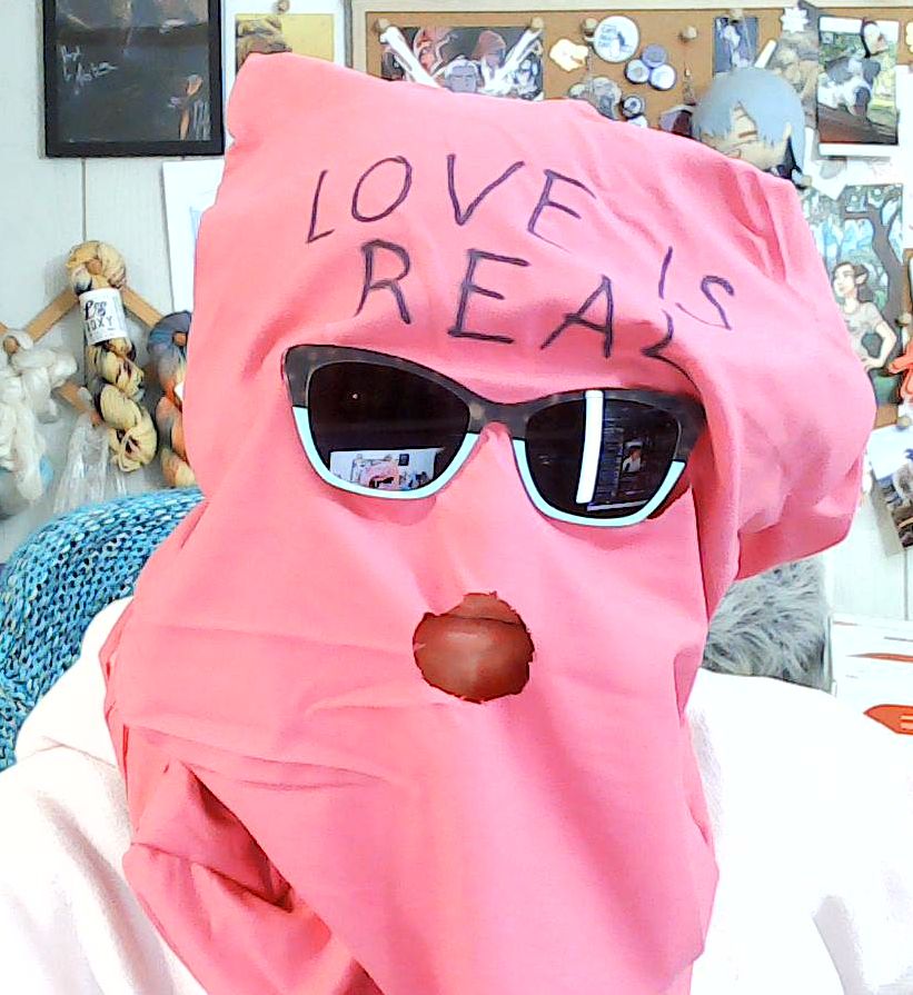 person wearing sunglasses with a pink bag over their head that reads 'LOVE IS REAL' across the forehead