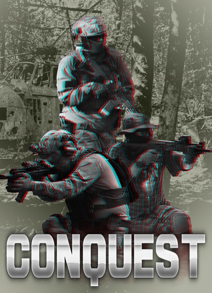 Conquest event promotion graphic, featuring 3 airsoft players in hero poses