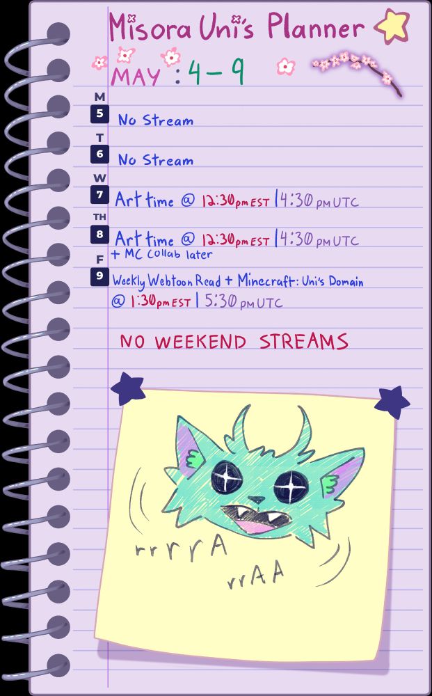 Misora Uni's Planner
May: 4-9
Mon: no stream
Tue: no stream
Wed: Art time @ 12:30pm EST / 4:30pm UTC
Thur: Art time @ 12:30pm EST / 4:30pm UTC (MC Collab around 4:30pm est)
Fri: Weekly Webtoon Read + Minecraft: Uni's Domain @ 1:30pm EST / 5:30pm UTC
no weekend streams

----
😎✌️

Should I start a new vgen service for designing clothes / outfits for characters / vtubers?
