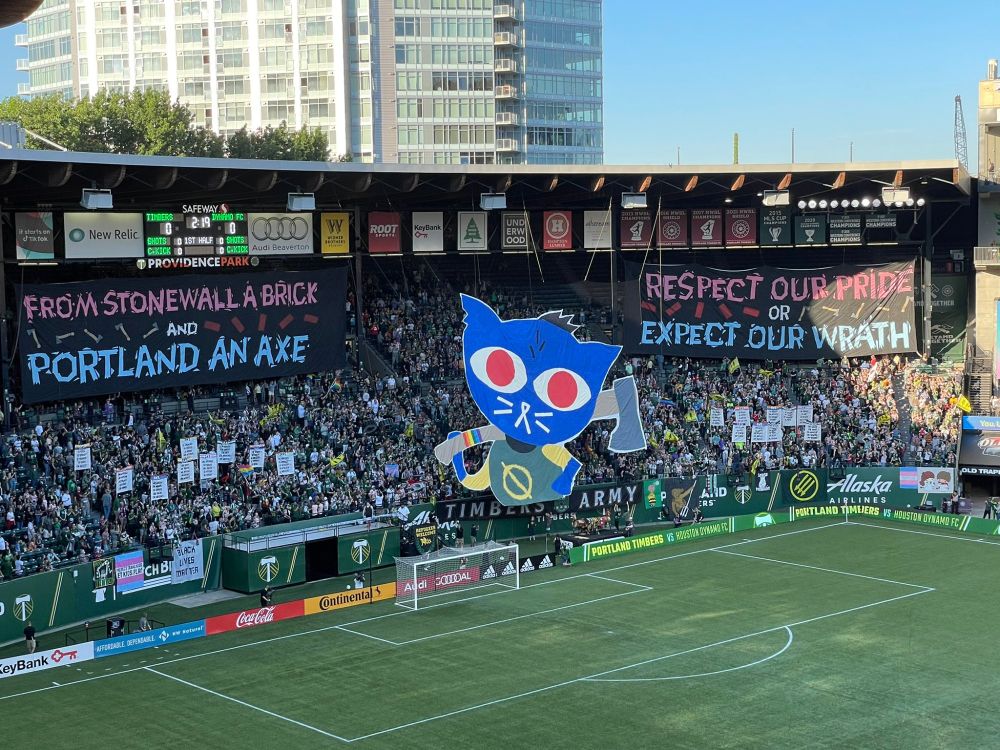 Soccer stadium, large fabric flag of Mae Borowski from Night In The Woods, holding an axe and wearing team colors. There is text in the Night In The Woods title font on the right and left. It reads "From Stonewall a brick and Portland an Axe, Respect our pride or expect our wrath." It's cool
