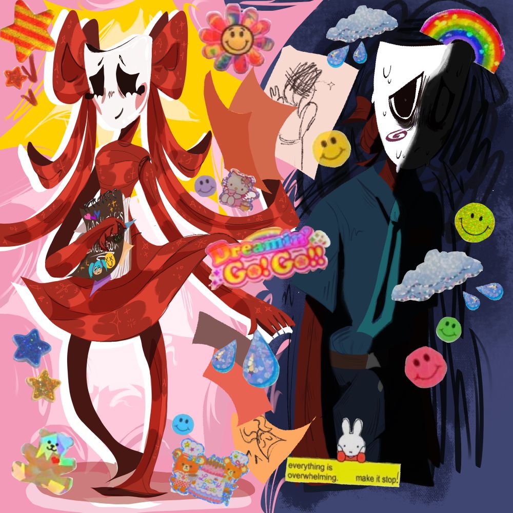 Two drawings of Gangle are shown. On the left side is Gangle in a happier and brighter setting. She holds a sketchbook while smiling hopefully. Surrounding her are various stickers featuring stars, smiling faces, and little happy bears. In the center of the drawing is a border with various drawings — with one being a girl waving and her face scribbled out, and another being a self portrait of Gangle smiling. A rainbow sticker sits at the very center reading, “Dreamin’ Go! Go!!” On the right side, it’s a stark contrast to the left with gloomier tones and dark colors. Gangle is shown staring off, seemingly dissociating, while half of her face and body is casted in a dark shadow. She’s shown wearing her shift manager’s outfit from fourth episode of the Amazing Digital Circus “Fast Food Masquerade.” More stickers surround Gangle, including smiley faces, rain clouds, a rainbow, and a Miffy sticker that reads “everything us overwhelmingly. make it stop!” End of Description. 