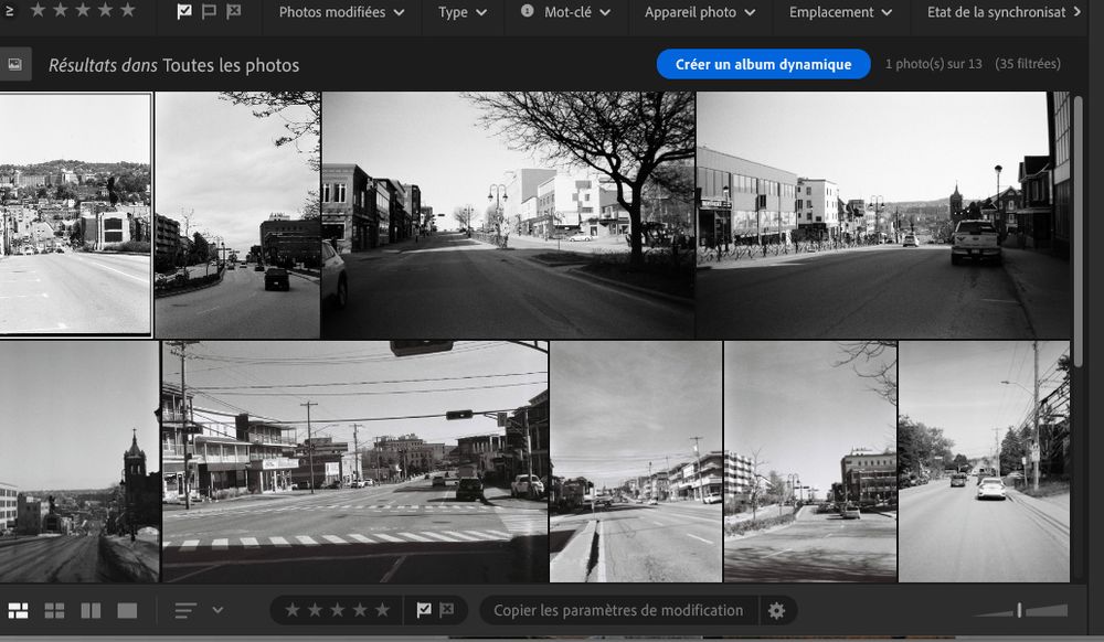 Screen capture of Lightroom showing B&W photos of stroads