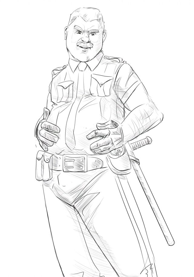 Digital sketch of a mustached patrol officer, his gloved hands patting his belly. 