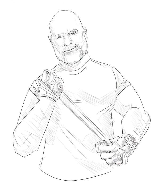 Digital sketch waist up of Sir Daddy Buddy: a bearded, shaved bald man in tshirt and gloves, rope taught between gloved fists and a slight smirk showing. 