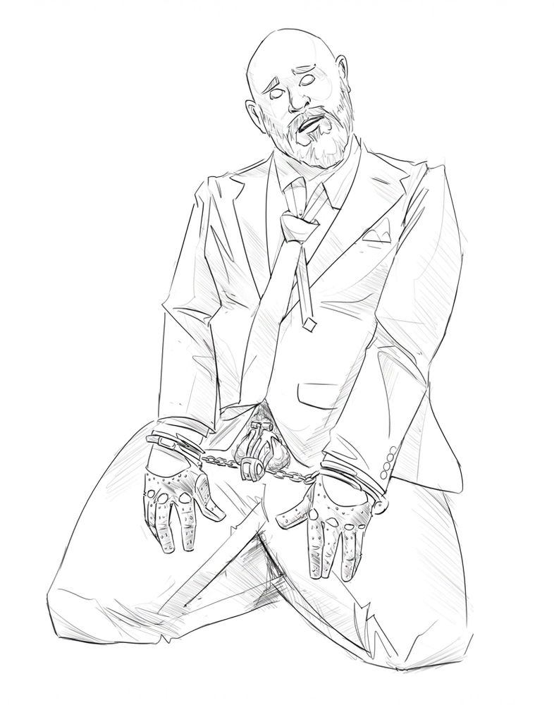 Digital sketch of a bald, bearded, chunky, and suited person kneeling and empty-eyed. Their gloved hands hang limp, wrists cuffed. The cuff chain loops under their exposed, caged cock. 