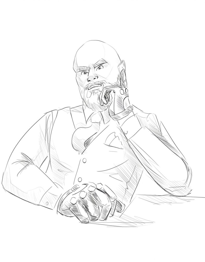 Sketch waist up of bald, bearded person in shirt, tie, and waistcoat. One gloved hand sits casually on a flat surface close to the viewer. They prop their head up on the other glove in a contemplative gesture. 