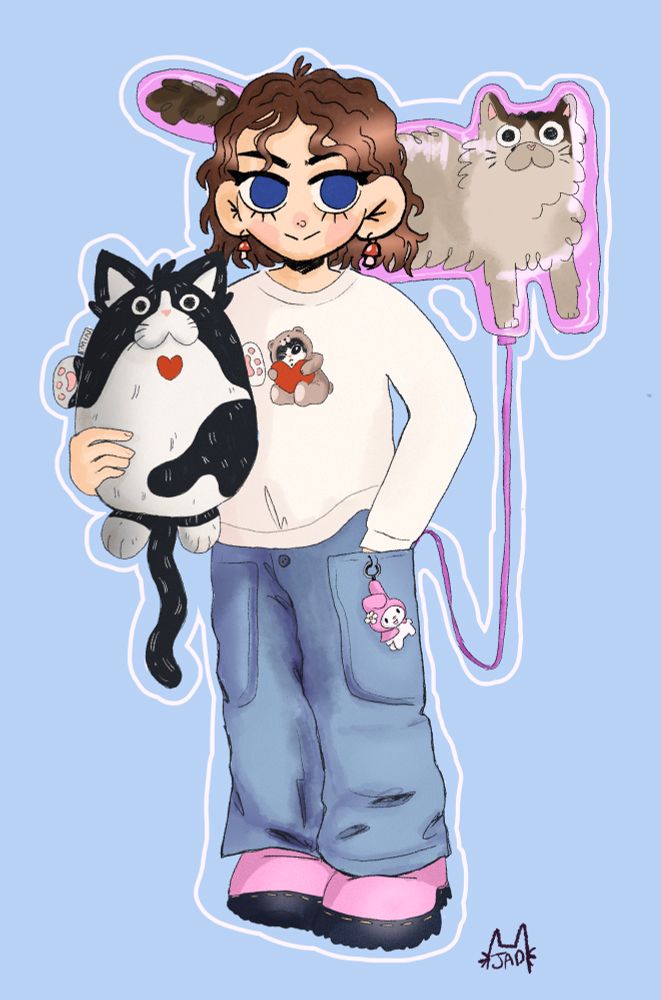 A digital art piece. It is of a woman with short wavy brown hair and big blue eyes, a mofusand jumper, and long baggy blue jeans. She’s holding a cat plush and a cat balloon and is wearing pink doc martens to match her my melody keychain