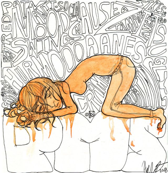 Illustration of a girl hunched over in fatigue and pain over the letters PMS. Other words fill the image that are symptoms of PMS and periods like bloating, mood swings, crabby, tired, and others. The image is in black and white but the girl is in watercolor orange that is dripping down.