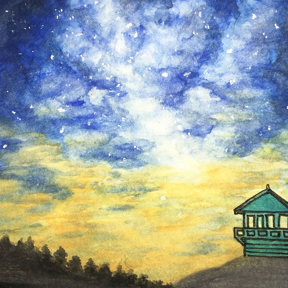 Watercolor painting of the Milky Way and a fire lookout tower 