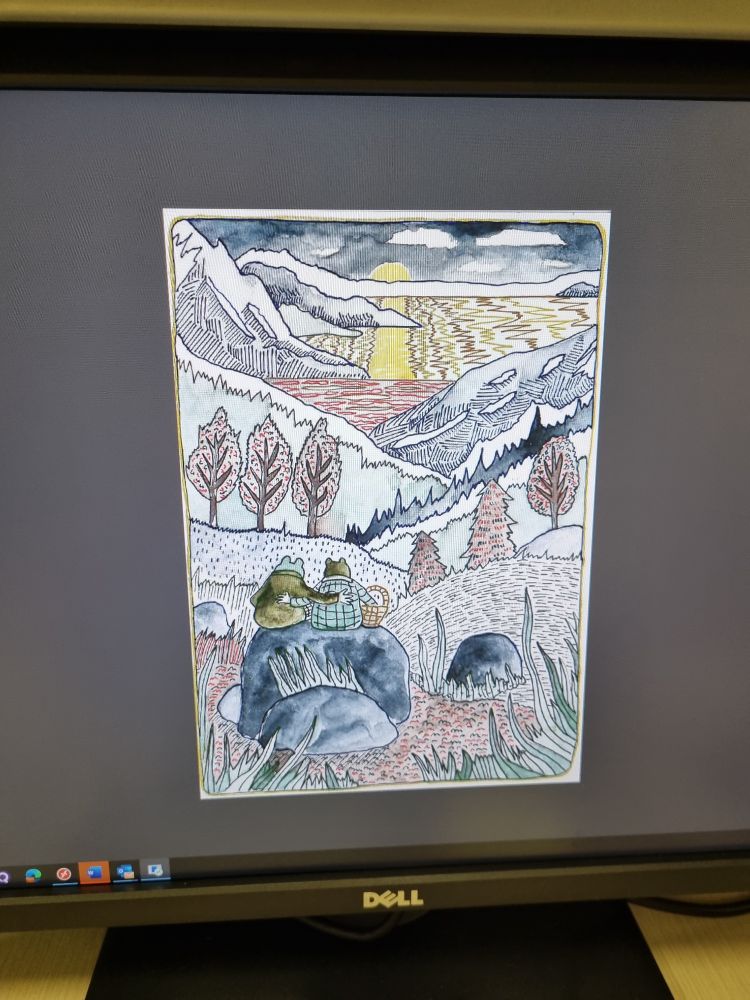A computer desktop background showing a hand drawn picture of Frog and Toad sitting on a rock watching the sunrise. The leaves on the trees are red, which suggests a beautiful autumn day.

They are side by side, and they have their arms across each other's back.
Toad has a picnic basket beside him that is probably filled with scotch eggs, roast beef sandwiches, and potato salad.

The artwork is a line drawing in ink, coloured in a muted palate of grey, green, red, with a bright pop of yellow for the sunrise.