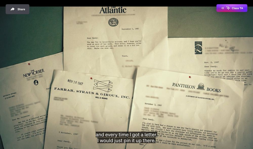 A bulletin board covered with Amy Tan’s rejection letters from The New Yorker, The Atlantic, and publishing companies. 