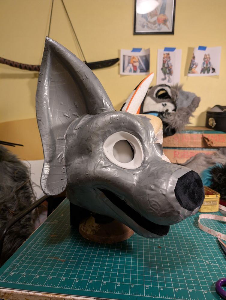 Fursuit head commission taped up ready for patterning the fur skin