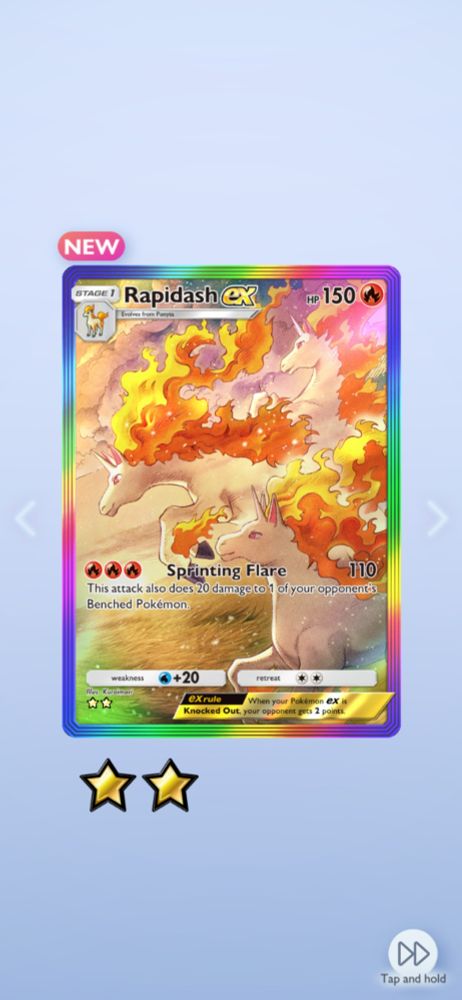 A rainbow-bordered full art Rapidash EX card from TCG Pocket. Three Rapidash are galloping across a large field.

The attack on the card reads:

3 fire energy, Sprinting Flare, 110 damage
This attack also does 20 damage to 1 of your opponent's benched Pokémon
