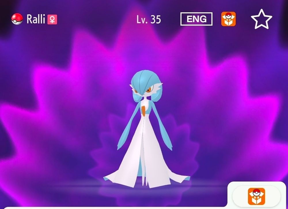 A screenshot of a shiny female Gardevoir on Pokémon Home. Her name is Ralli, and she is level 35.