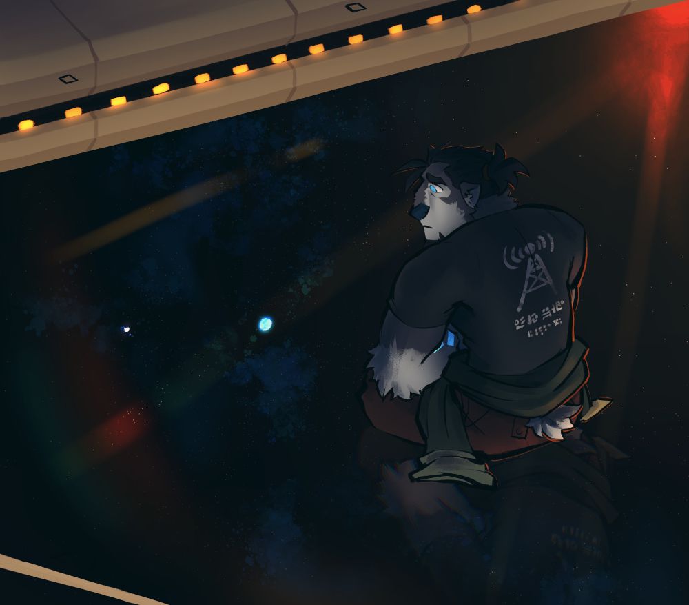 Salyut looking out from the bay windows of a star ship. His homeplanet at a far off distance