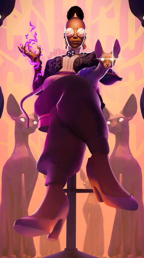Calico from Valves Deadlock, mafia cat lady with round glasses and a mechanical arm 