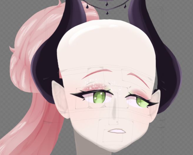 Plexthm's new vtuber model looking to the right, one iris is squished and the other is tiny