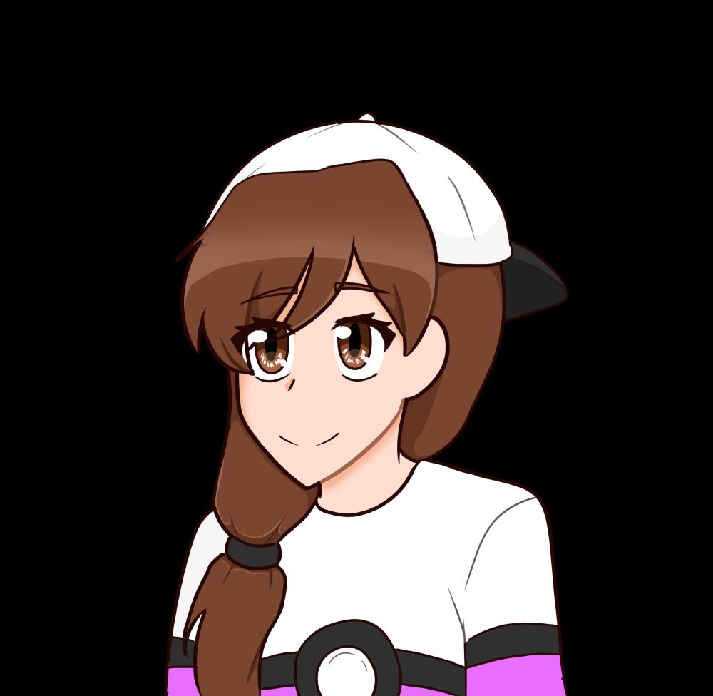 A png of a character looking off to the left side. They have brown hair in a low ponytail, brown eyes, a backwards white and black cap, and a shirt with what looks like a pokeball from pokemon on it. The designer and artist for the design is @Olskadraws on twitter