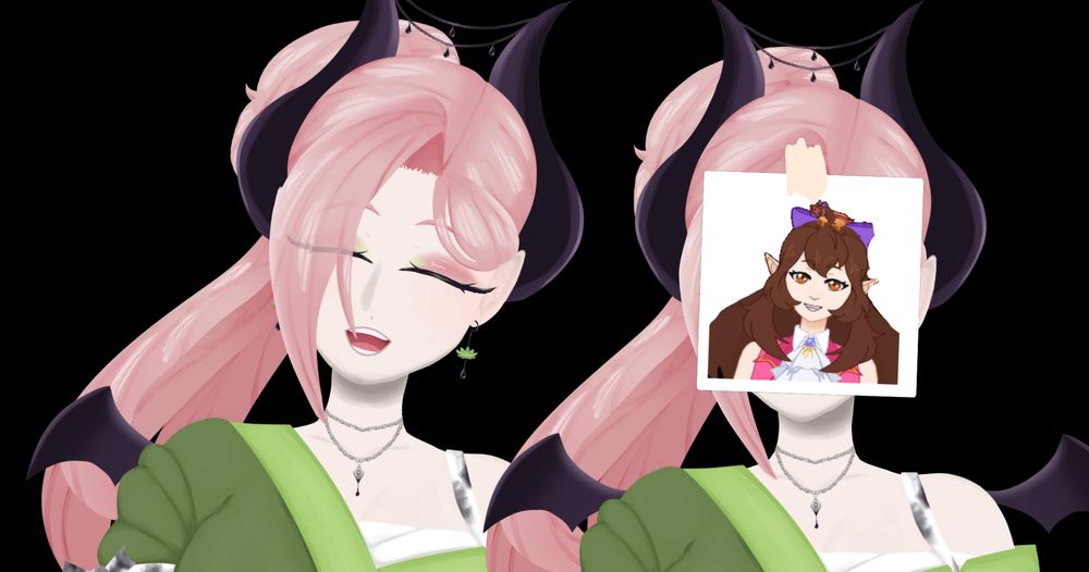 Two vtubers using the plexthm's model sitting next to each other, the one on the right has a sticky note on their face with Jelly's vtuber on it