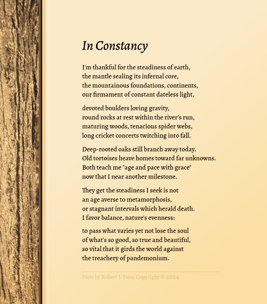 THE TITLE OF THE POEM:
In Constancy

THE POEM:
I'm thankful for the steadiness of earth,
the mantle sealing its infernal core,
the mountainous foundations, continents,
our firmament of constant dateless light,

devoted boulders loving gravity,
round rocks at rest within the river's run,
maturing woods, tenacious spider webs,
long cricket concerts twitching into fall.

Deep-rooted oaks still branch away today.
Old tortoises heave homes toward far unknowns.
Both teach me "age and pace with grace"
now that I near another milestone.

They get the steadiness I seek is not
an age averse to metamorphosis,
or stagnant intervals which herald death.
I favor balance, nature's evenness:

to pass what varies yet not lose the soul
of what's so good, so true and beautiful,
so vital that it girds the world against
the treachery of pandemonium.

THE END OF THE POEM.

Poem by Robert J. Tiess © Copyright 2024
