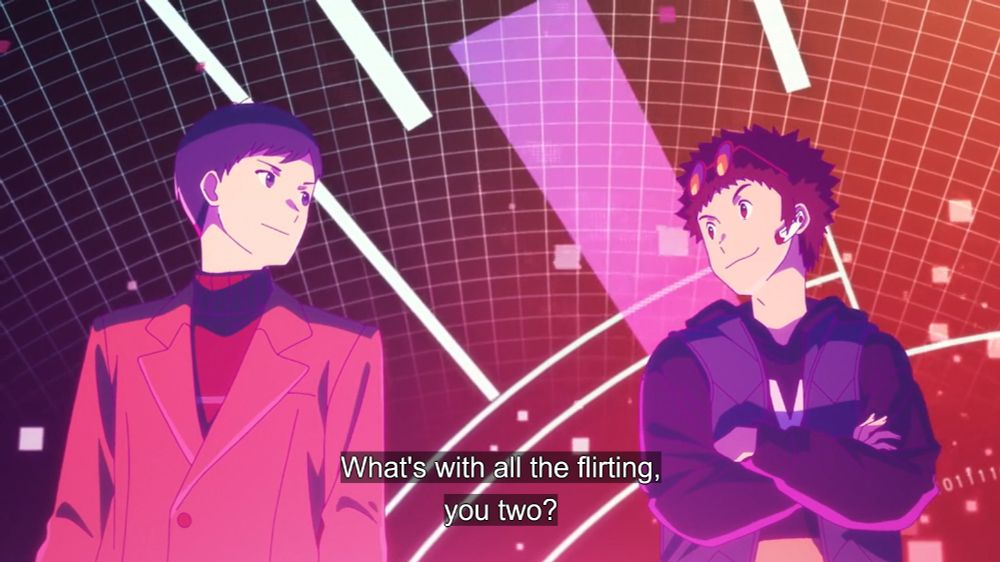 They are in love, Your Honour. Ken on the left and Daisuke on the right looking at each other smiling. Miyoko says "What's with all the flirting, you two?"