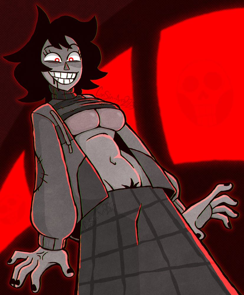 Eleanor A. Birch the Main antagonist of the video game Subway Midnight.
She is standing in a dark subway car lit up by the bright red windows.
Her sweater is pulled up showing the bottom of her breasts, she is smiling in her manic way, blackish drool dripping from her mouth.