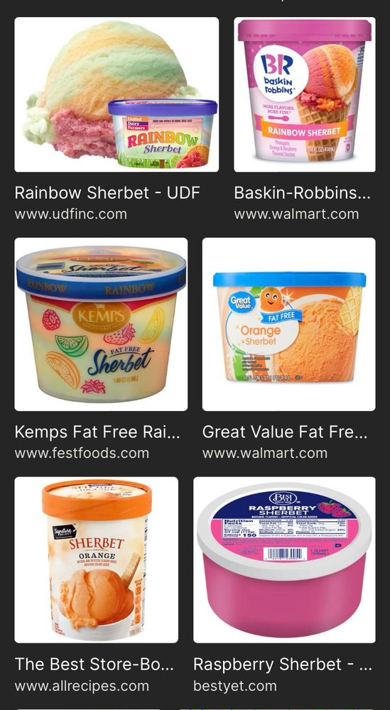 6 photos of various brands of sherBET that all read sherBET not sherBERT 