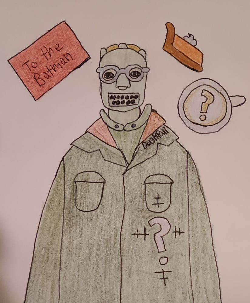 An envelope reading "To the Batman", a slice of pumpkin pie, a cup of coffee with question mark froth art, and a masked man dressed in green