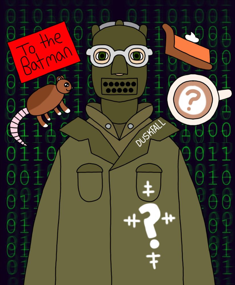 An envelope reading "To the Batman", a rat, a slice of pumpkin pie, a cup of coffee with question mark froth art, and a masked man dressed in green