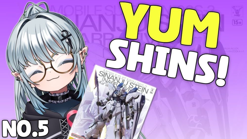 Vtuber, smiling with golden glasses and silver hair. Holding Sinanju Stein Master grade box. 