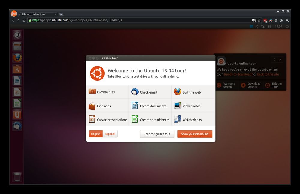 A browser with the Ubuntu online tour website open. It simulates the old Unity desktop with a welcoming window open that says "Welcome to the Ubuntu 13.04 tour!", listing various things you can do on the website.