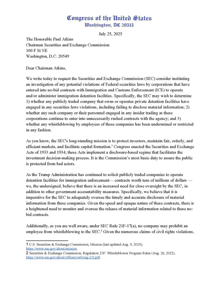 Image of the front page of a letter from members of Congress to the U.S. Securities and Exchange Commission.