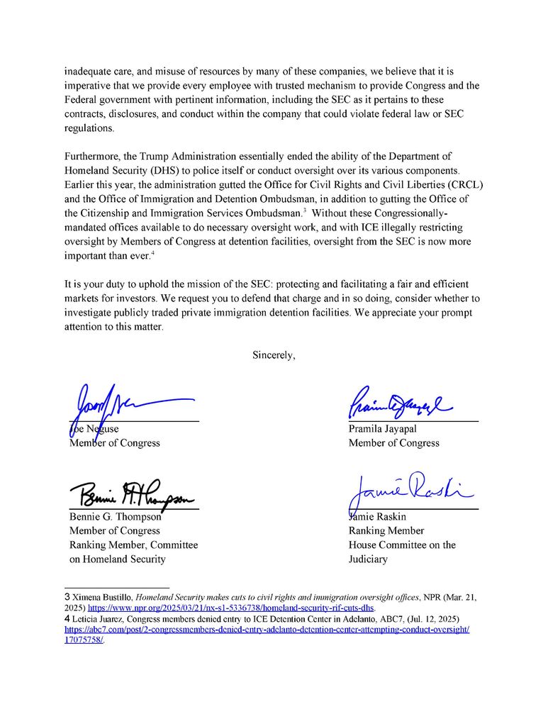 Letter addressed to the U.S. Securities and Exchange Commission signed by Representatives Joe Neguse, Pramila Jayapal, Bennie G. Thompson, and Jamie Raskin.