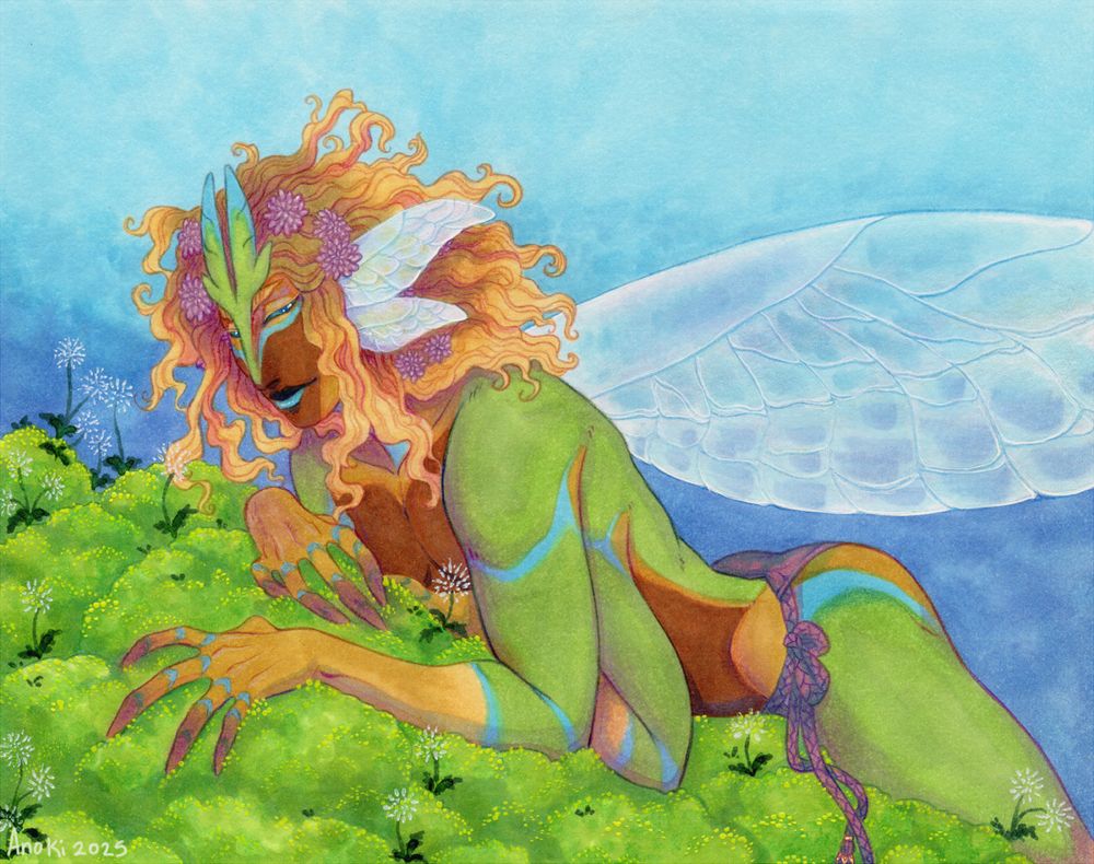 The fae god Summer lounges on a cushiony bed of mossy growth, dandelion puffs grow around him and the sky beyond is a hazy blue. He has a shock of blond curls, four arms and several cicada like wings. His skin is marked somewhat insect like. He smiles slightly at the viewer.