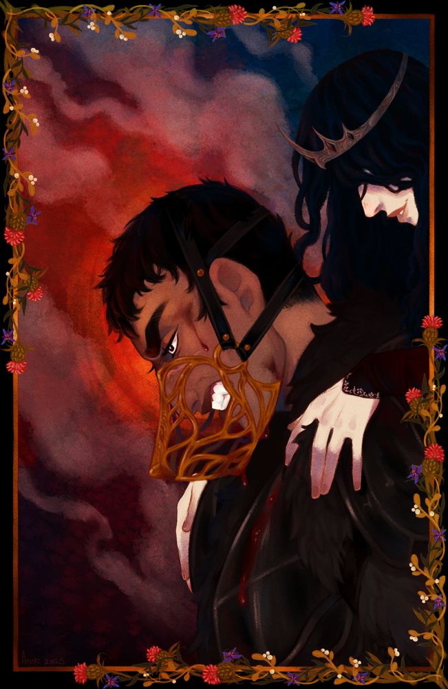 Islay kneels, behind him his king and lover Seik hovers, hands on his shoulders. Islay snarls behind a gilded muzzle, ready to kill for his king. 