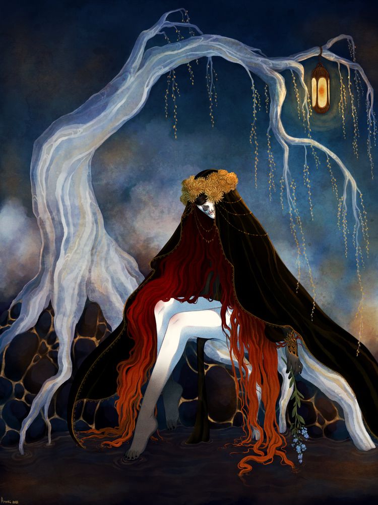 The god of Death sits draped in a black veil crowned with chrysanthemums, long red hair dangling down into a dark pool. They sit upon gold and black rocks, a pale twisted willow-like tree arching over them with a single lantern glowing in its branches. Death holds a forget-me-not stem with bursts of flowers upon it, aimed down toward the dark water.  
