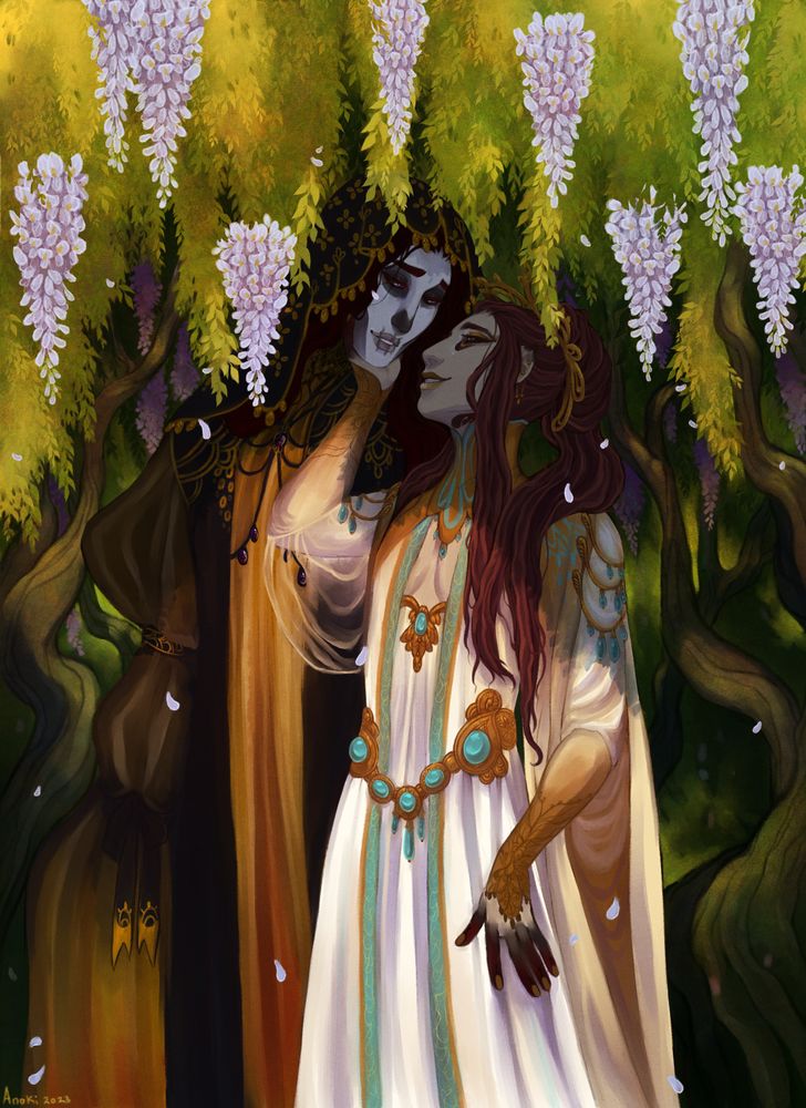 Death (nonbinary) and their beloved Courtesan partner, Malakous beneath the wisteria trees, gazing adoringly into each others eyes. 