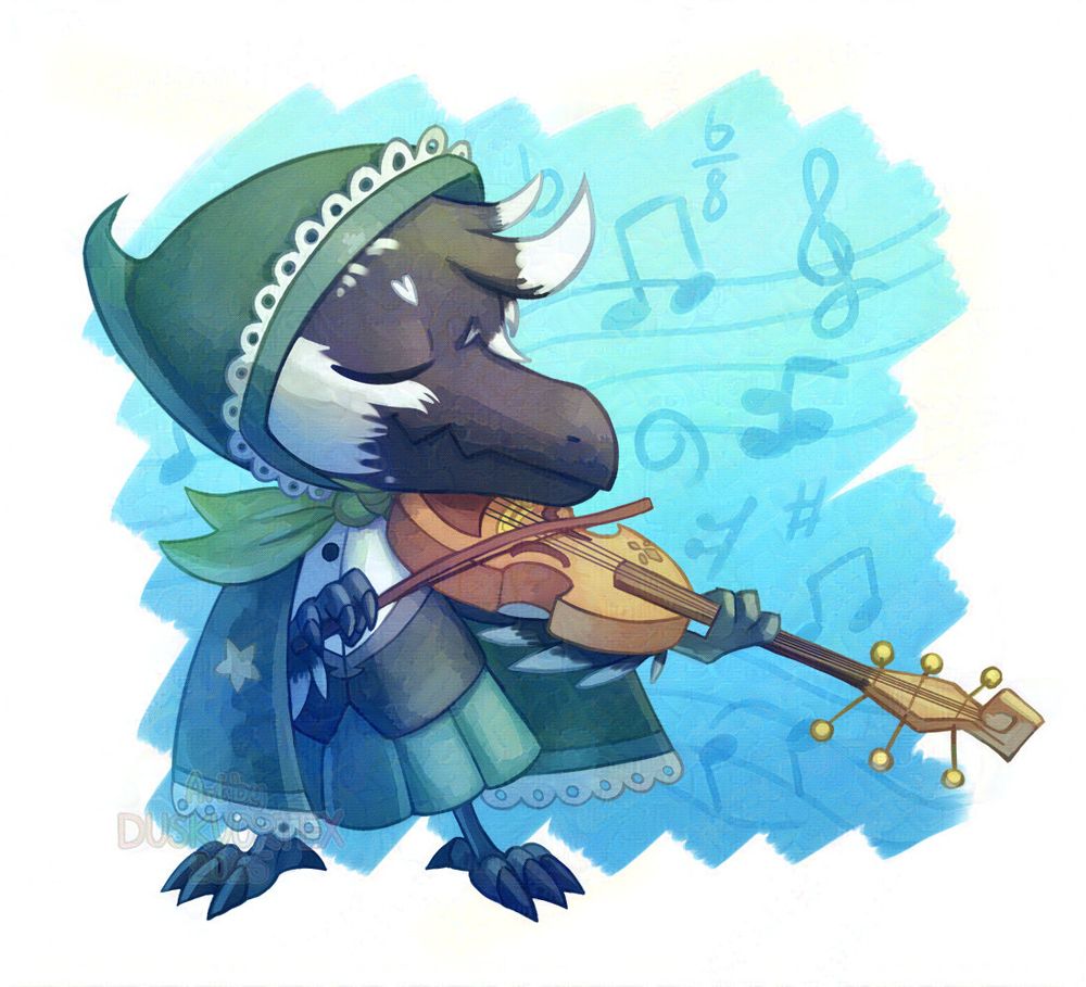 a digital painting of a Kenku (anthropomorphic corvid race from Dungeons and Dragons) wearing a vest, skirt, hat and a cloak on top playing a violin. its eyes are closed and it displays a very calm expression. the background is a blue gradient on top of brushstrokes with various musical notations