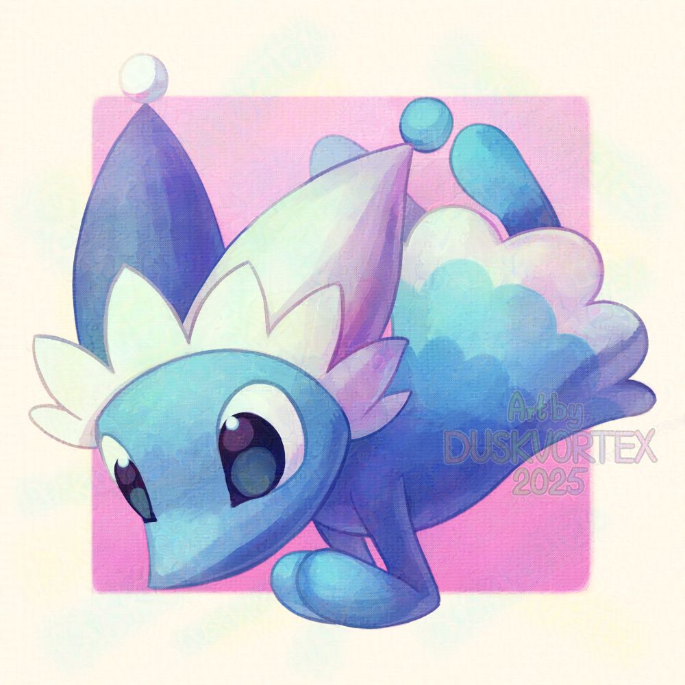 a digital painting of a blue creature with big eyes wearing a blue and white jester hat and a blue dress with wavy white edges. it's floating in the air and keeping its hands in a prayer