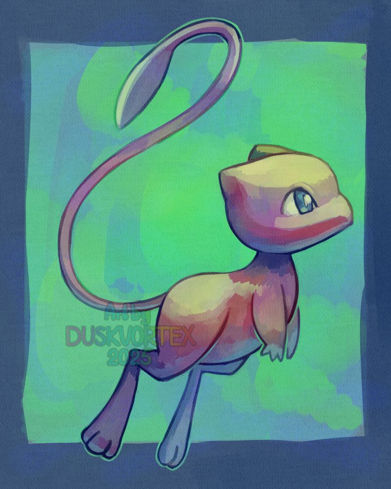 a quick digital painting of mew floating in the air