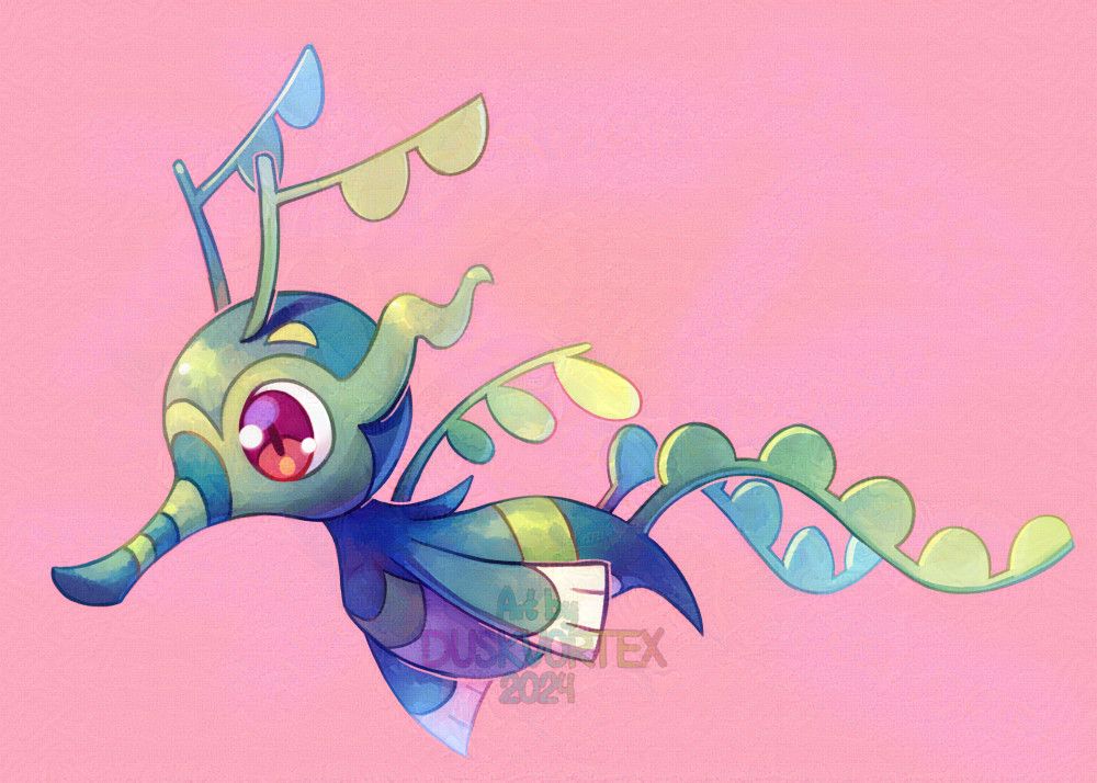 a digital painting of Algon, a leafy seadragon Nexomon with the leaf aspect exaggerated