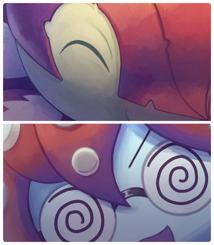 crops from two different artworks. both of the crops focus on the faces of the characters from those artworks with one of them being Floramon looking relaxed with its eyes closed and the other being Consulemon smiling somewhat menacingly