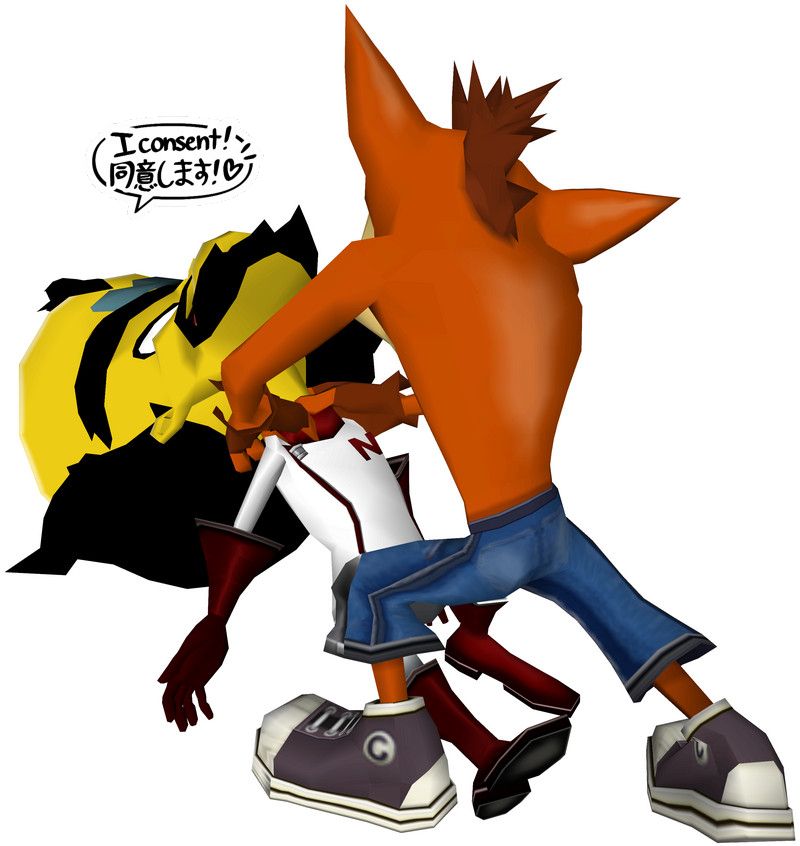 a render for Crash Twinsanity depicting Crash strangling Cortex. there's a speech bubble pasted next to Cortex that says "I consent!"