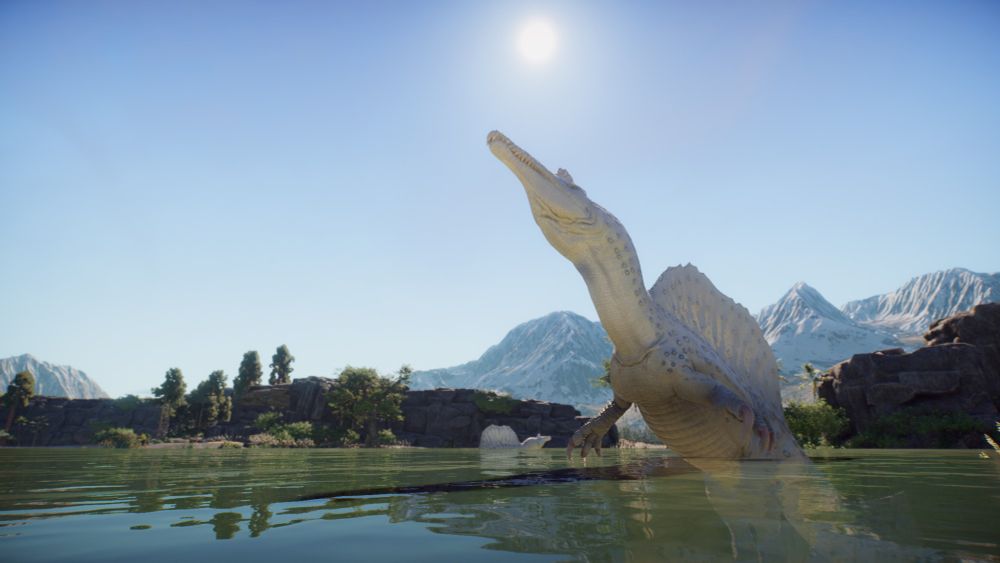 A Prehistoric Kingdom still frame showcasing an albino Spinosaurus stretching it's neck and head up to the vast blue sky.