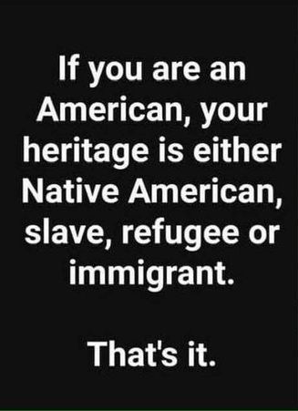 #IndigenousPeoplesDay      Indigenous Peoples Day

If you are an American, your heritage is either Native American aka the FIRST to call America home, slave, refugee, or immigrant.        That's it.