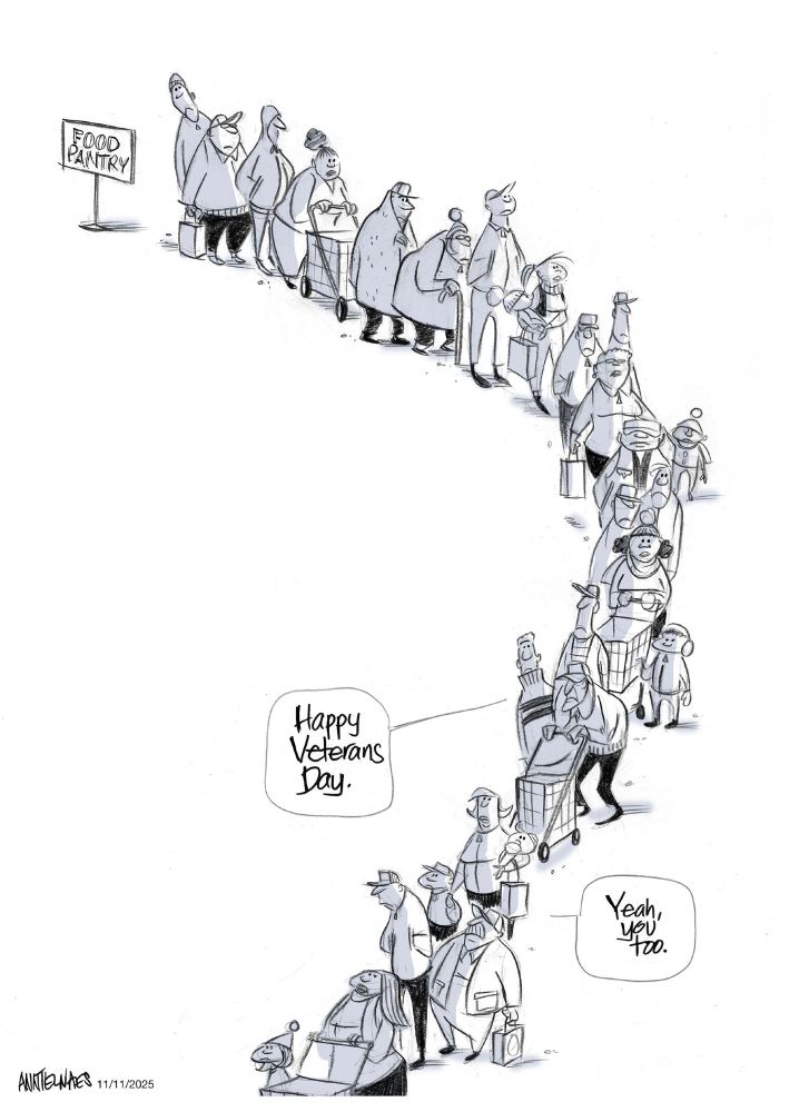 Veterans Day in the food pantry line.

For #VeteransDay remember that corporations and civilians didn't and don't Serve in the US Armed Forces and didn't then get hurt or die defending the US Constitution.
Veterans did.

#Resist the #gopHatesVets Death Squads.

#VeteransDayMessages