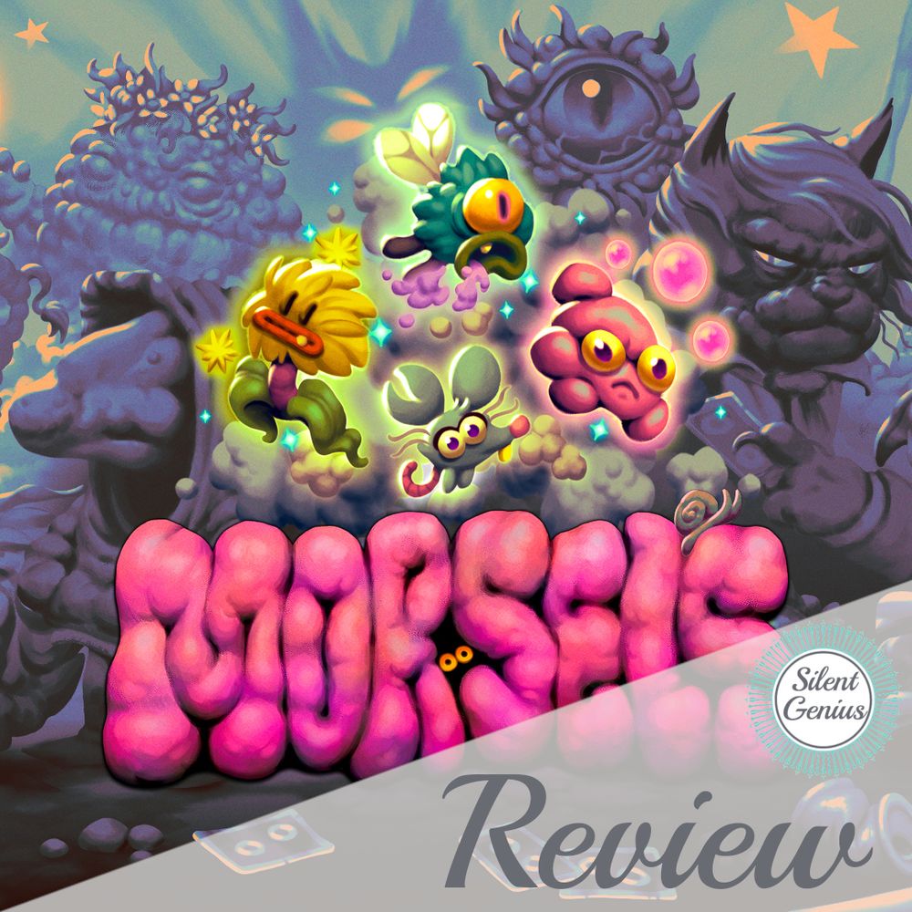 Artwork du jeu Morsels où on voit 4 personnages en pate à modeler, une souris, héroine du jeu, un pissenlit, une mouche verte et un vieux chewing gum, accolytes qui servent à combattre les monstres présent en gris en arrière plan de l'image. Les chats baron qui ont volé les cartes de pouvoir.