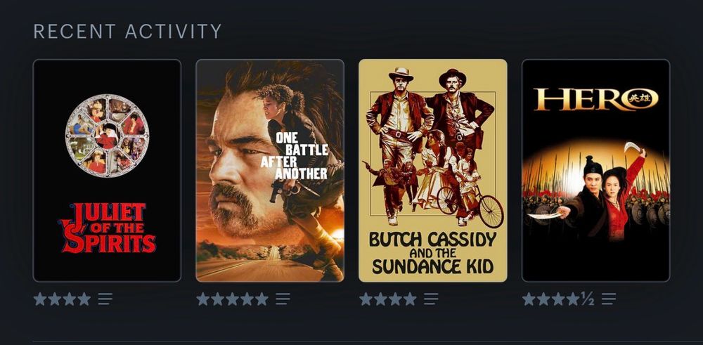 Juliet of the spirits (4 stars) one battle after another (5 stars) butch Cassidy and the Sundance kid (4 stars) hero (4.5 stars)
