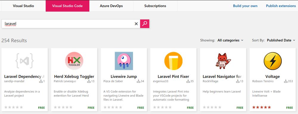 Screenshot of the VSCode extension store where laravel has been searched. There are 6 extensions shown but the official package is not yet available for download. The packages that are listed are; Laravel Dependency.... , Herd Xdebug Toggler, Livewire Jump, Laravel Pint Fixer, Laravel Navigatior.... , voltage