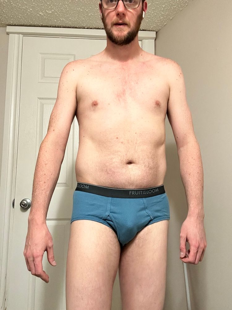 A photograph of me in my underwear standing facing forward.